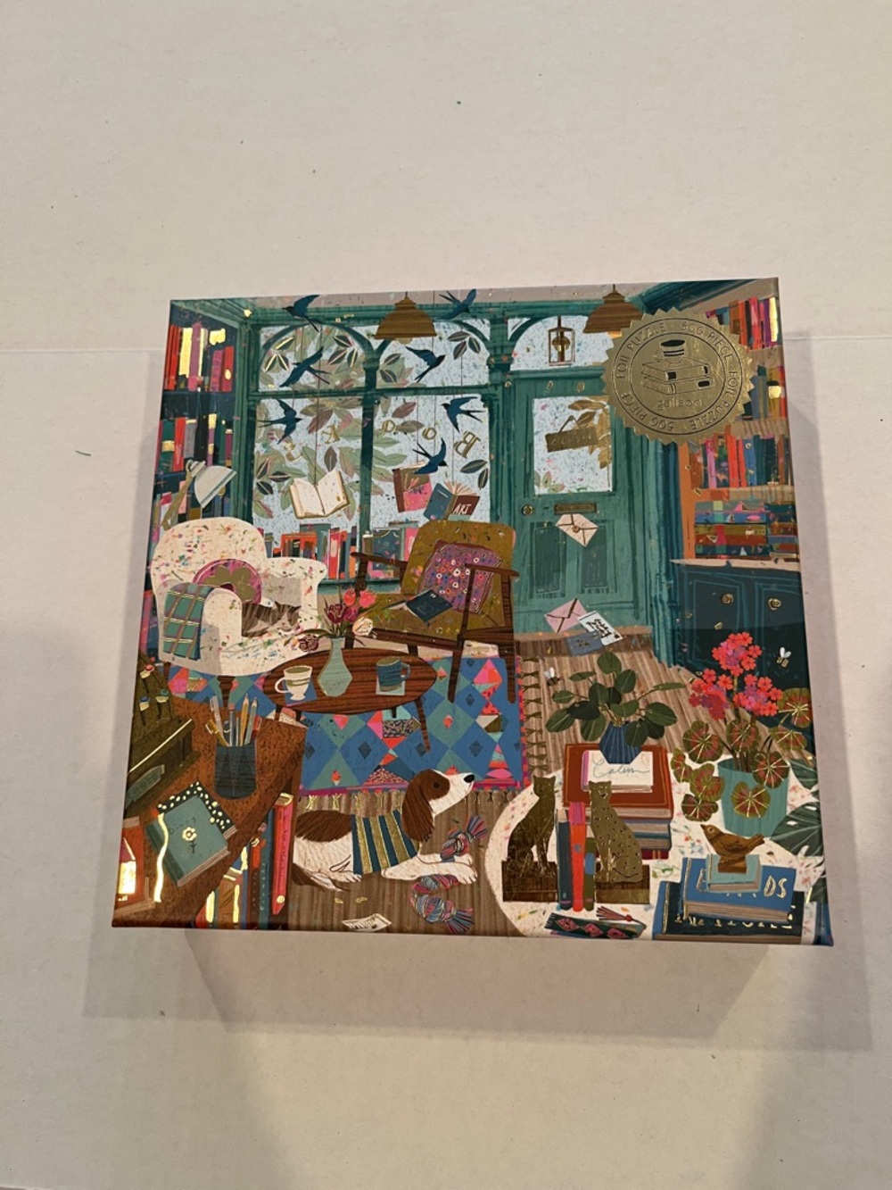 Cozy Illustrated Library Puzzle Box - Teal, Brown, Pink Accents